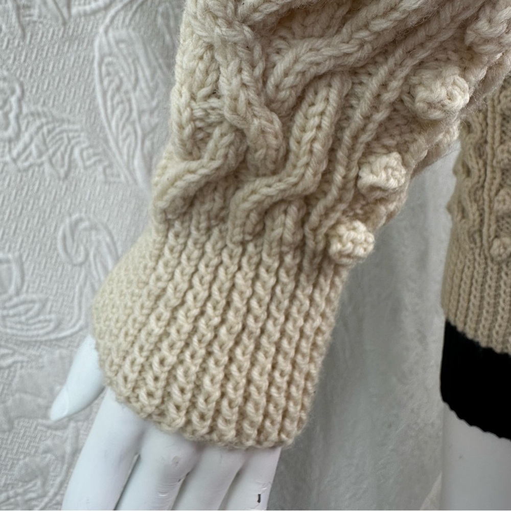 Vintage Hand Knit Wool Extra Long Aran Fisherman Knit Turtleneck Cable Sweater - Picture 10 of 12